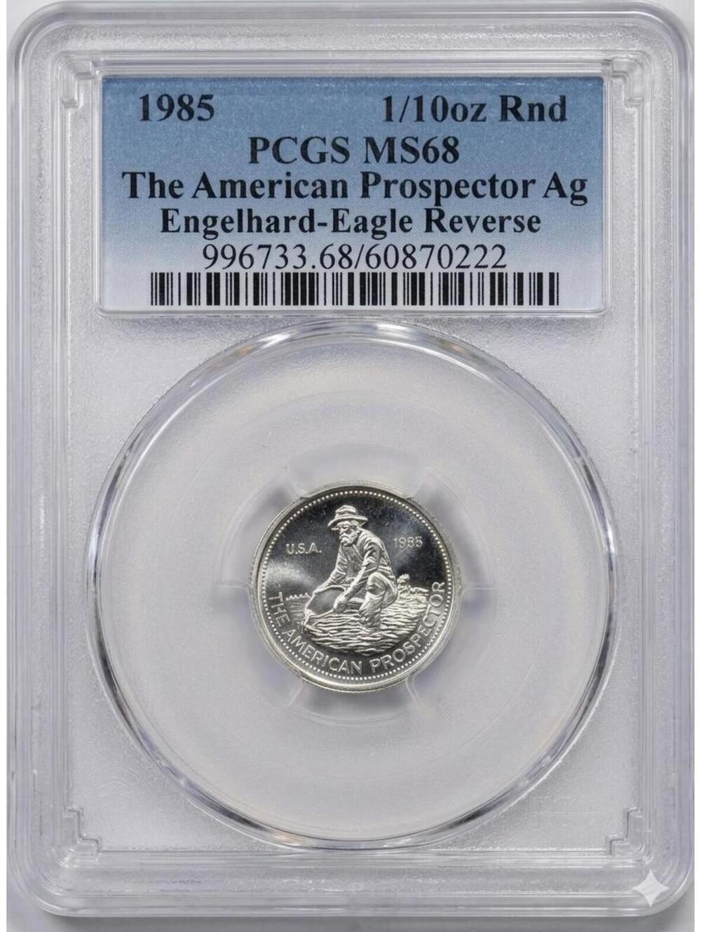 1985 Engelhard 1/10oz Silver Fractional American Prospector • Graded PCGS MS68